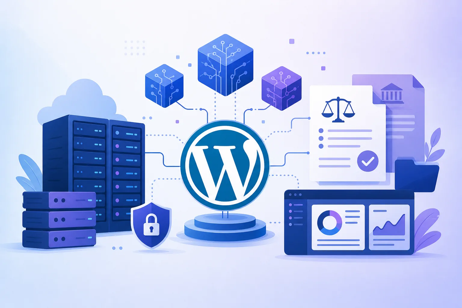 Ilustração editorial em tons de azul e roxo mostrando o logotipo do WordPress conectado a blocos de inteligência artificial, servidores e documentos de política pública sobre modelos de pesos abertos