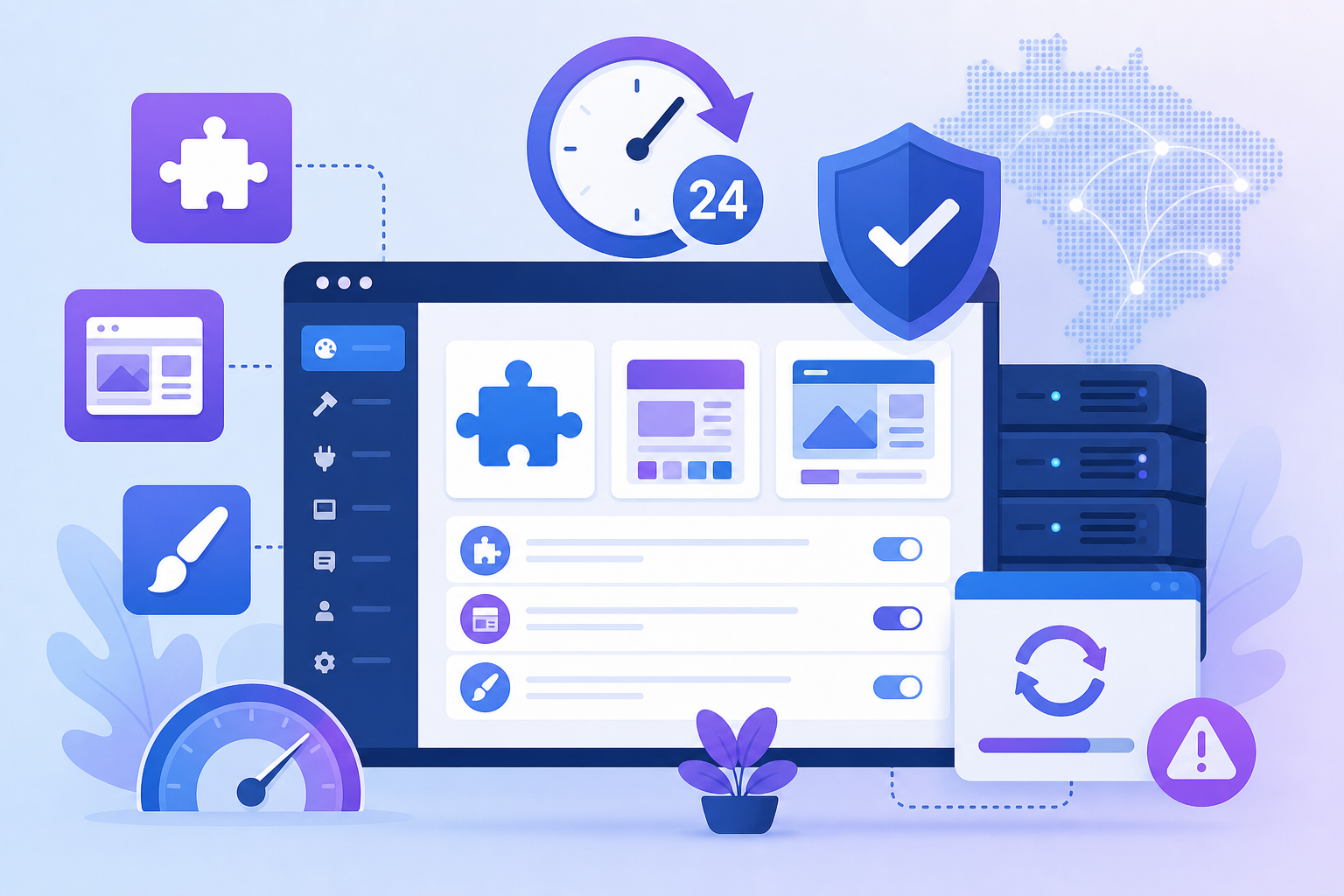 Ilustração editorial em tons de azul e roxo mostrando um painel WordPress com ícones de plugins, temas, relógio de 24 horas, escudo de segurança e alerta de atualização automática em segundo plano