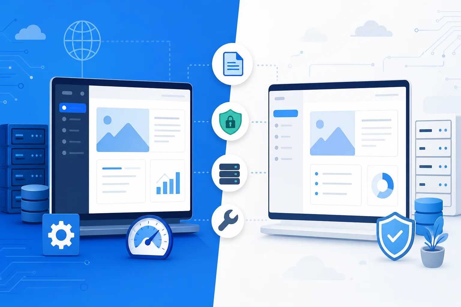 Tela dividida em azul e branco comparando os painéis do WordPress e do Drupal, com ícones de conteúdo, segurança, hospedagem e manutenção entre as plataformas