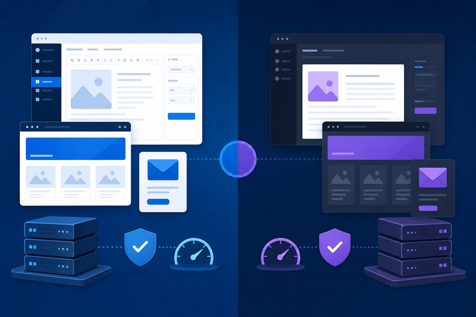 Comparação visual entre WordPress e Ghost em fundo azul escuro, com telas de edição de artigos, newsletter, páginas do site e indicadores de hospedagem