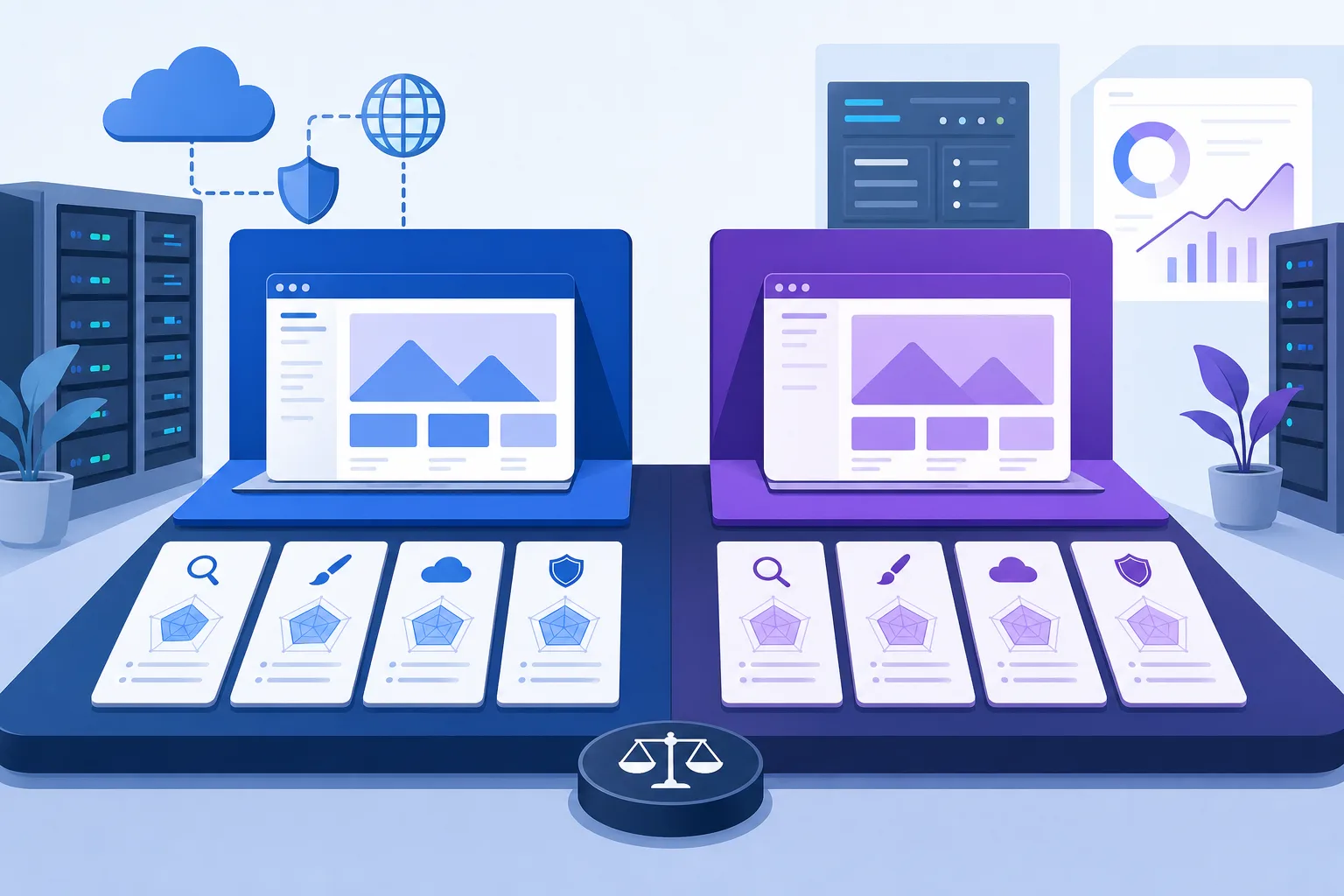Comparação visual entre WordPress e Squarespace em uma mesa de decisão, com cartões de SEO, design, hospedagem e manutenção em tons azul, roxo e branco