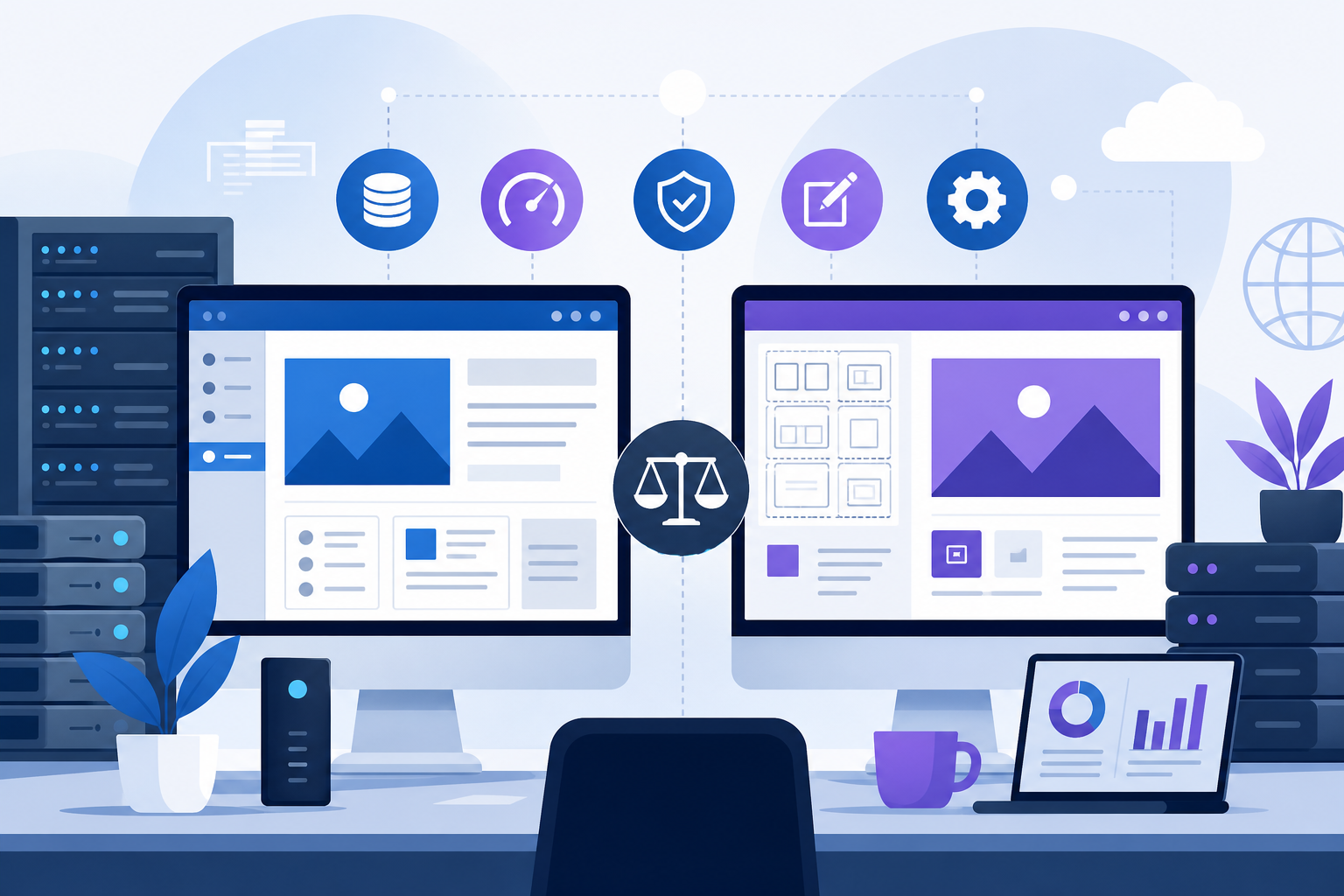 Ilustracao comparando WordPress e Webflow em uma mesa de decisao digital, com duas telas lado a lado, blocos de conteudo, icones de hospedagem, SEO e design em tons azul, roxo e branco