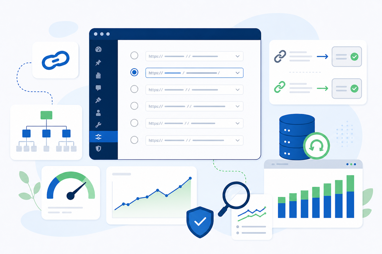 Tela conceitual de configuração de links permanentes no WordPress, com URLs amigáveis, setas de redirecionamento, ícones de backup e gráfico de acessos em tons de azul e verde