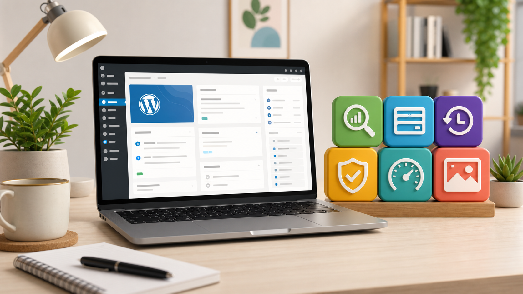 Painel WordPress com blocos coloridos representando plugins essenciais para iniciar um site