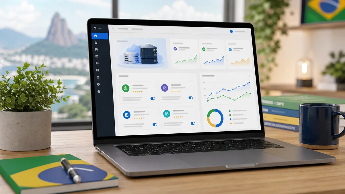 Dashboard moderno de WordPress com indicadores de hospedagem, plugins e SEO